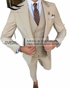 Nya beige mäns 3 stycken passar formell busin hack lapel smal fit tuxedos bästa man blazer för bröllopsblazer+väst+byxor 45nv#