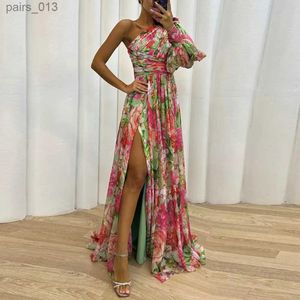 Temel Sıradan Elbiseler Kadın Gece Elbise Bir Omuz Omuz Sırtsız Baskısı Tek Uzun Kollu Yan Yarık Hem Prom Partisi Ziyafet YQ240328