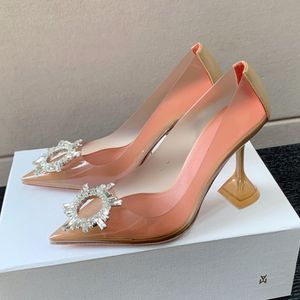 Amina Muaddi Begum Clear PVC Pumps Shoes Crystal-Embellished Spool Spool Stiletto Heels Sandals Slip-On Chaussures女性Luxurysデザイナードレスシューズイブニングヒール