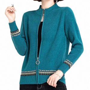 chinese Style Printing Zipper Premium Cardigan Half High Collar Thick Women's Clothing Slim Embroidery Hot Selling Wild Knitting 74Da#