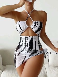 Women's Swimwear 2023 Halter Swimsuit One Piece Women With Swimming Skirt Swimwear Female Beach Wear Printed Bathing Suit Summer Beachwear T240328