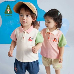 T-shirts Amila Baby Girl Polo Shirt 2023 Summer Ny Cute Cartoon Print Patchwork Color Fashion Breattable T-shirt Barnkläder 0-6y24328