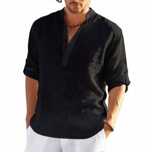 2024 Casual Blouse Loose Cott Linen Men Shirt Fi Stand Collar Pure Lg Sleeve Tee Shirt Handsome Fitting Top Clothes R9NQ#