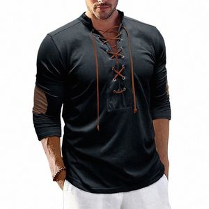 Men's Cott Linen Henley Shirt Muscle Lace Up Lg Sleeve Stand Collar Grande e Alto Camisetas Casual Pulôver Henley Tee Top j7Hm #