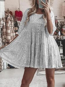 Casual Dresses Women Sparkly Glitter Sequin Dress Babydoll Summer A Line Short Flowy Tiered Tunic Sexy Night Club Party Mini