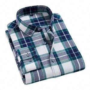 Mens Plaid Brushed Flannel LG Sleeve Shirts Single Pocket Bekväm Cott Fi Slim Fit Butt Down Shirts Clothe i2xm#