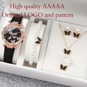 6pcs/set duoduo مع حزام الماس Quartz Watch+مجموعة ساعة سوار الفراشة بالخرز