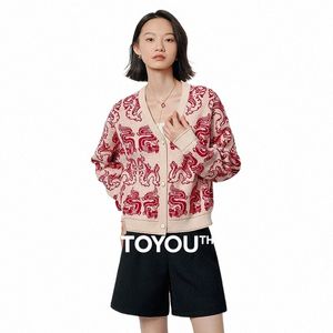 Toyouth Women Knit Cardigan 2024 Spring LG Sleeve V Szyjka luźna sweter drag Rok dostosowany Jacquard Fi Red Owewear 10kq#