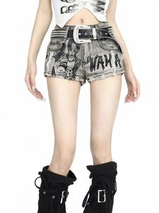 qweek Y2k Low Waist Jeans Shorts Women Vintage Nana Anime Print Ripped Denim Pants Streetwear Grunge Pantales Cortos Summer L7I2#
