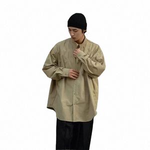 autumn Japanese Streetwear Cityboy Solid Cott Shirts Men Fi Loose Casual Lg Sleeve Oversize Cargo Shirts Male Blouses J3OV#