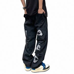 skull Fried Street Straight Pants Cross-legged Jeans Boys High Waist Large Black Jeans y2k Loose Cargo Pants Men kot pantol q0dw#