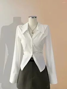 Camicette da donna Camicia bianca sexy a maniche lunghe slim da donna Design con scollo a V monopetto Camicie femminili alla moda semplici Top vintage