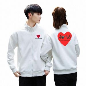 uomo donna colletto alla coreana giacca cuore ricamo lettera a forma di cuore stampa Cott tasca con cerniera in pile autunno inverno maglione M7Bi #