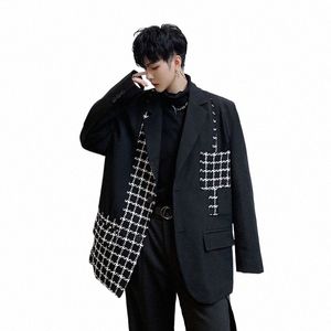 Männer Vintage Plaid Splice Lose Casual Anzug Jacke Männlich Japan Harajuku Streetwear Anzug Blazer Mantel Oberbekleidung Bühne Zeigen Kleidung y3Qo #