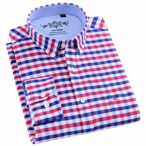 men's Work Casual Regular-fit Oxford Striped Plaid Checkered Shirts Single Patch Pocket Lg-Sleeve Thick Gingham Striped Shirt 069k#