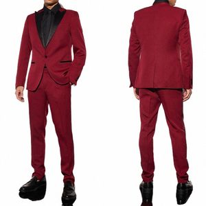 Burdy Men garnitur 2 sztuki 2 sztuki Blazer Spods Satin One Butt szczyt Lapel Fi Busin Wedding Groom PROMINED X9HF#