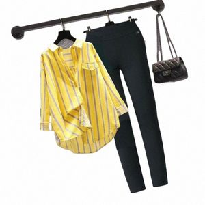 two Piece Sets Striped Vintage Blouse Lg Sleeve Shirts Suit 2023 Autumn Female Clothes Casual Pencil Pants Suit Women Clothing 982h#