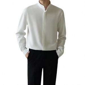 ice Silk White Shirt Men Stand Collar Autumn New Mature Korean No-ir Drape Busin Casual Butt Lg Sleeve Shirts for Men V7AK#