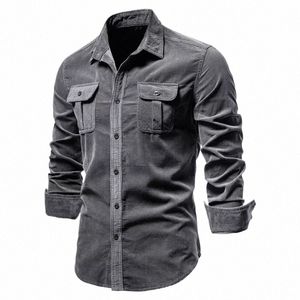 Wysokiej jakości nowy pojedynczy piersi 100% Cott Men's Shirt Busin Casual Fi Solid Corduroy Mężczyzn