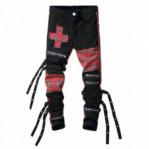 Sokotoo Men's Scotland Plaid Tartan Patchwork Cross Slim Straight Jeans Trendy Bandage Denim Pants Byxor 33v2#