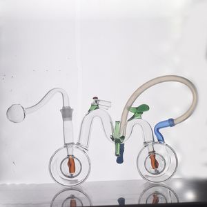 New Arrival Glass Oil Burner Bong Hookah Bubbler Bicycle Shape with Double Matrix Perc Honeycomb Glass Ash Catcher with 10mm Male Oil Burner Pipe Wholesale Price