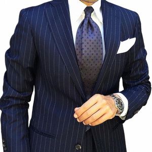 Męskie garnitury Blazer Stripe Blue Blue Notched Lapel Single Bered Wedding Terno Stroje Luksus Masculino Costume Homme Slim Fit G8QC#