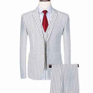 white Men's Striped 3 Piece Suit Busin Terno Masculino Blue Black Jacket and Pants Vest Plus Size Costume Homme 6xl 94RE#