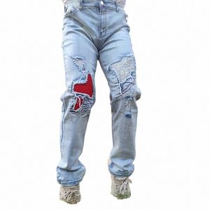 all-match Men Jeans Fi Raggedy Street Straight Male Lg Pants Hip Hop Stretch Denim Jeans Male Large Size Light Blue P17b#