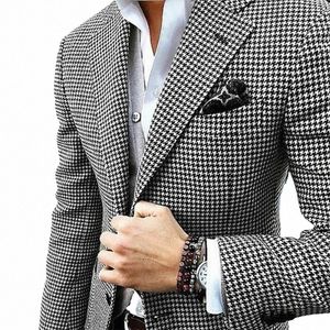 Italiensk stil Men Blazer Houndstooth Casual Man Suit Jacket hackat Lapel One Piece Check Wedding Coat för Prom Party C5RS#
