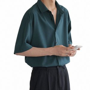 男性用の夏の半袖シャツ薄い贅沢なブシンカジュアルルーズオールマッチダークグリーンハラジュクハーフスリーブマンDRシャツ40cq＃