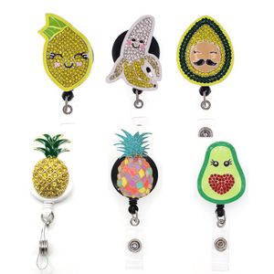 10 PCS LOT Fashion Nyckelringar Office Supply Cute Fruit Rhinestone Banana Avocado Lemon Ananas Infällbart Badge Holder Accesso264G