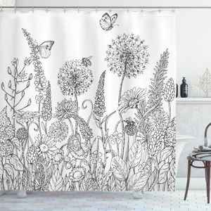 Cortinas de chuveiro flor pintada à mão preto branco plantas floral dente de leão borboleta folhas impressões decoração de banheiro tecido