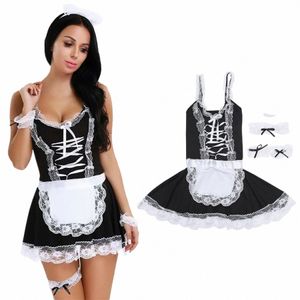 Set di biancheria sexy per le donne cameriera uniforme Temptati maglia di pizzo divertente indumenti da notte cinghia sexy indumenti da notte erotici babydoll costume di ruolo 01Kj #