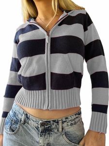 Y2K Hoodie Frauen stricken gestreiften Reißverschluss Sweatshirts Slim Fit kurze Strickjacke E-Girls Streetwear O6sK #