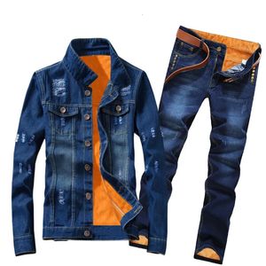 Inverno mulheres homens forro de lã grosso quente denim 2 peça conjunto fino cowbody jaqueta jeans terno estilo safari calças de carga conjunto de correspondência 240318