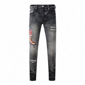 street Fi Men Jeans Retro Black Gray Stretch Skinny Fit Brand Jeans Men Tiger Patched Designer Hip Hop Punk Pants Hombre 14Dk#