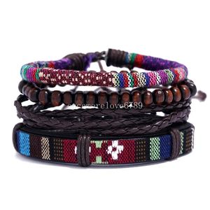 Handmade Braided Rope Multilayer Wooden Beaded Charm Bracelets 4pcs Set Adjustable Bangle Ethnic Style Jewelry For Women Men