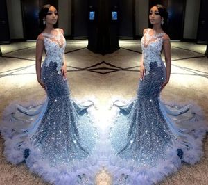 Glitter Sier Diamonds Long Prom Dresses For Black Girls 2024 Sparkly Beads Rhinestone Crystal Ruffle Bottom Birthday Party Gown