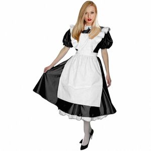 Cosplay Kostüm Gloosy PVC Leder Peter Pan Kragen Französisch Maid Dr Lolita Maid Uniformen Midi Dr mit Rüschen Weiß Apr W3Mj #