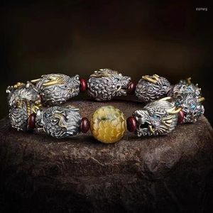 Bangle RDlongsheng Nine-Child Pulseira Placa Masculina Jogar Antigo Dragão Escala Tiger Eye Stone Bead Advanced Feeling283A