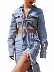 bpn Casual Patchwork Lace Up Denim Coats For Women Lapel Lg Sleeve Solid Patchwork Pockets Short Jackets Female Clothing Style K8x5#