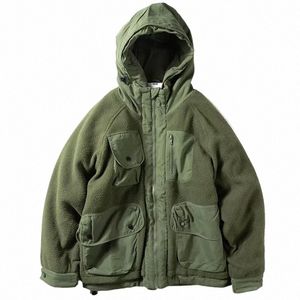 men's Fleece Patchwork Cott Jackets Hooded Japanese Work Loose Multi Pocket Coats Comfortable Versatile Harajuku Zipper Top P2LU#