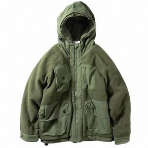 Mäns fleece lapptäcke Cott Jackets huva japanska arbetar Lossa multi fickrockar Bekväma mångsidiga harajuku dragkedja topp p2lu#