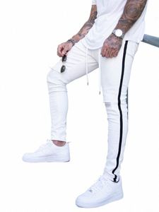 2021 Nya mäns hip-hop hål rippade byxor Fi White Jeans män sida rand jeans stora storlek märke mager stretch smala fit byxor 72 gf#