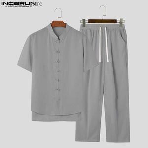Herr t-shirts 2023 män sätter fast vintage stativ krage kort ärmskjorta byxor 2 st retro kinesisk stil mens casual kostymer s-5xl24328