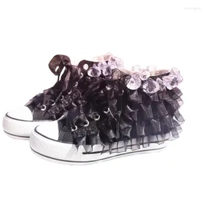 Sapatos casuais femininos feitos à mão chiffon strass lona estudante branco alto gang sola grossa com decoração de pingente de renda