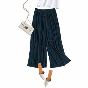 2023 Women Ladies Pleated Wide Leg Pants Summer Casual Loose Solid Chiff Trousers Stretch Waist Boho Pants OL Pantal Capris O2pP#