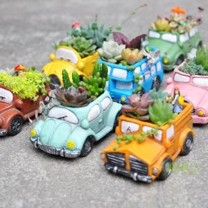 Planters Creative Retro Cartoon Cars Cement Flower Pot Breattable Green Plant Succulents Flowerpot Decorative Planters Desktop Ornament