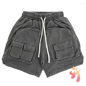 Shorts masculinos vintage rua tecido pesado lavado cordão casual solto cor sólida com zíper bolsos calças homens mulheres