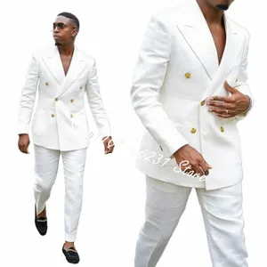 elegant White Men Suit Wedding Groom Tuxedos Jacket Formal Party Customized Double Breasted Male Blazer Pants Trajes De Hombre Q38O#